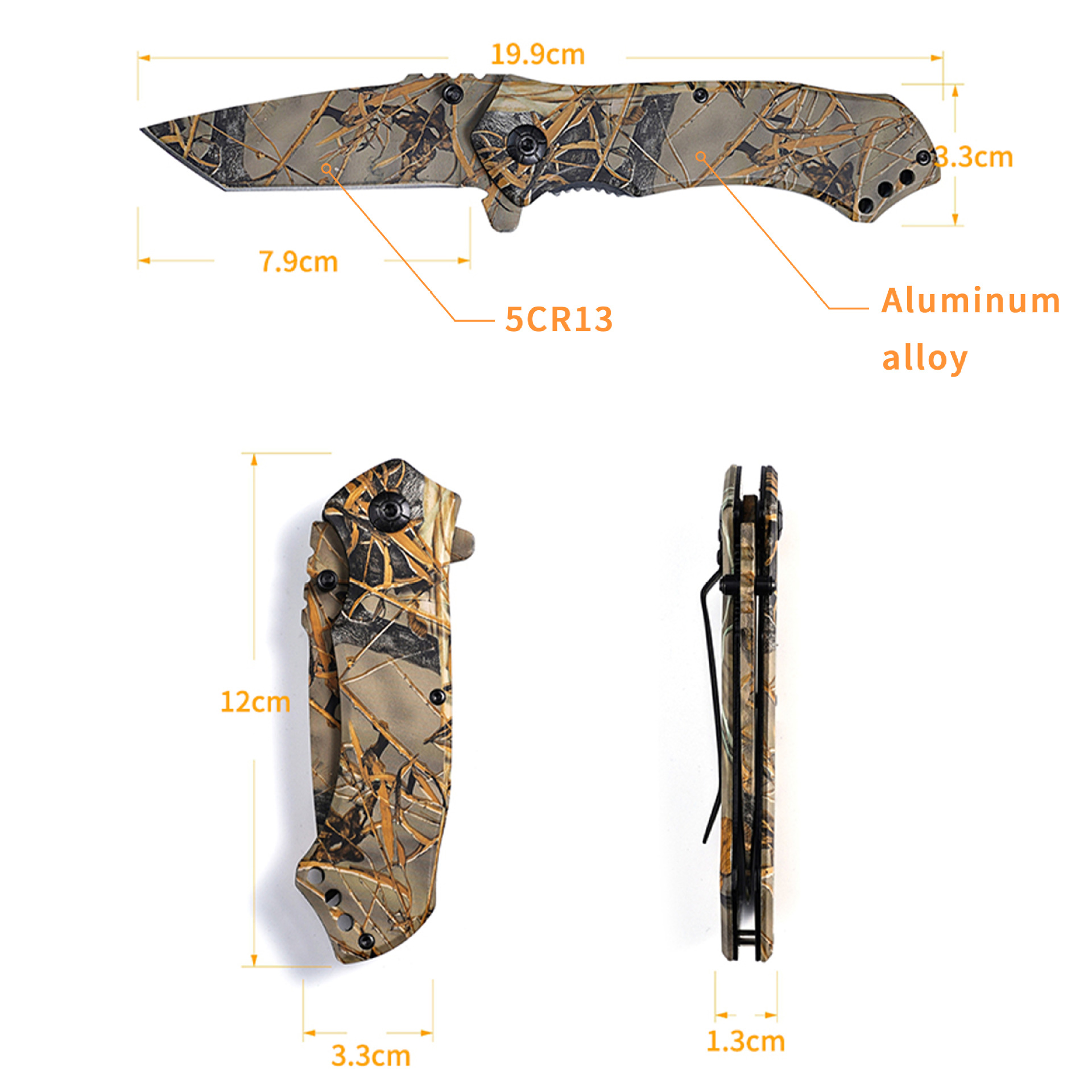 Hoja plegable de camuflaje puntual, mango de aleación de aluminio de alta dureza 5CR13, conveniente para exteriores, cuchillo pequeño con clip trasero edc