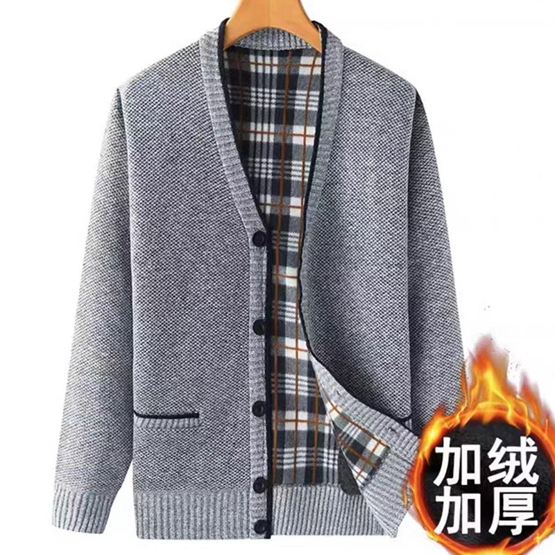 Foreign trade fleece-lined thickened new winter men's knitted button cardigan sweater for middle-aged and elderly men Foreign trade fleece-lined thickened new winter men's knitted button cardigan sweater for middle-aged and elderly men