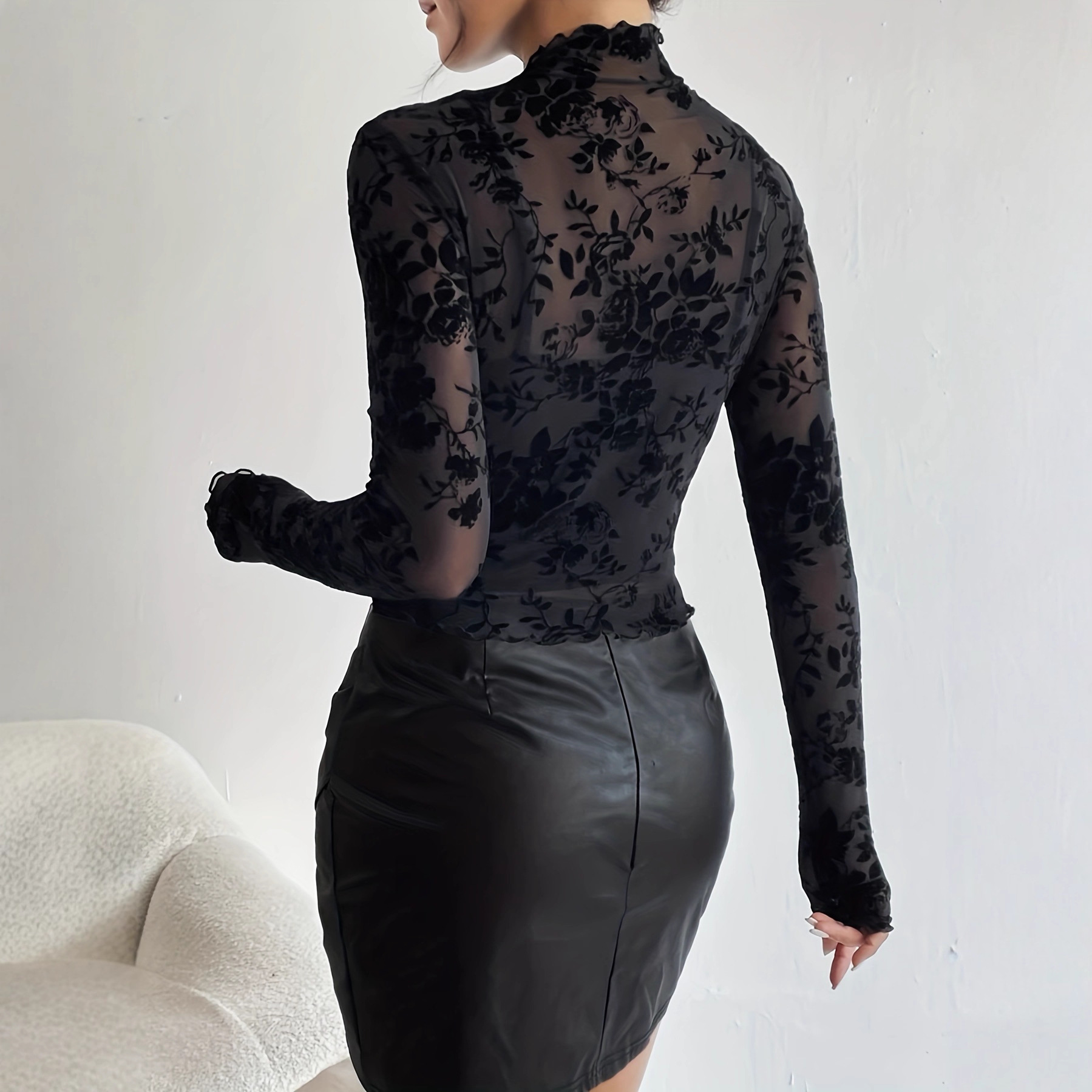 Damen Langarmshirt Mit Stehkragen Und Mesh-jacquard-muster_voghion.com