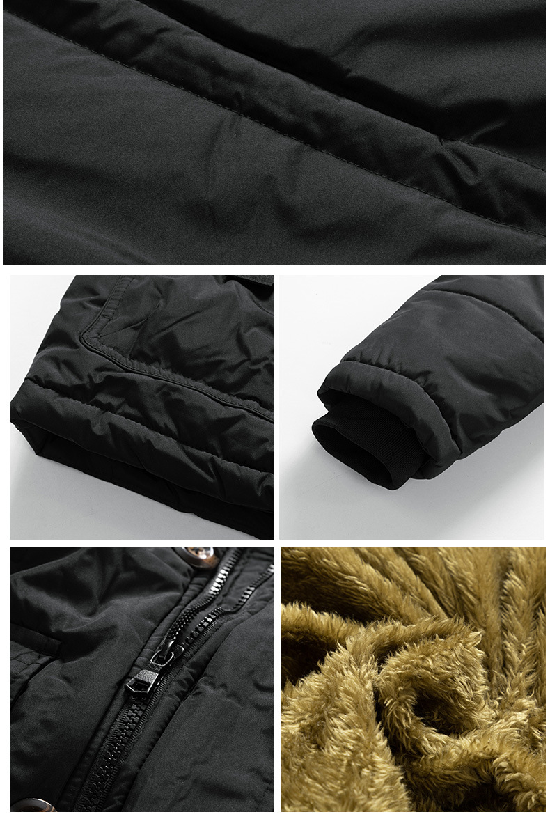 Vīriešu vienkāršs mētelis ar atloku kabatām, pogām priekšpusē, pūkainu apdari, kapuci, standarta piegriezums, ikdienas mētelis ar garām piedurknēm, rāvējslēdzēju ziemas vīriešu virsdrēbēm_voghion.com