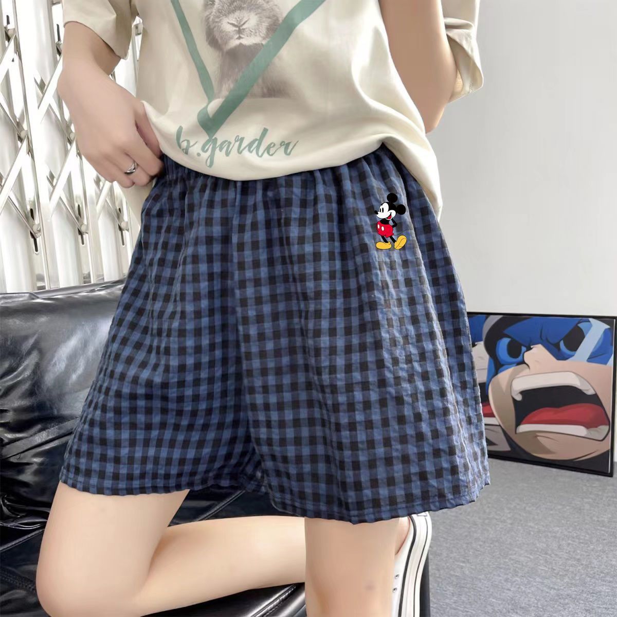 夏季新款格子短裤女宽松休闲松紧腰显瘦卡通图案五分裤