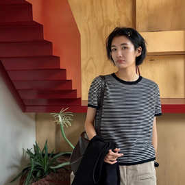 Nili26春夏法式春夏细条纹丝麻混纺针织圆领短袖衫休闲松弛