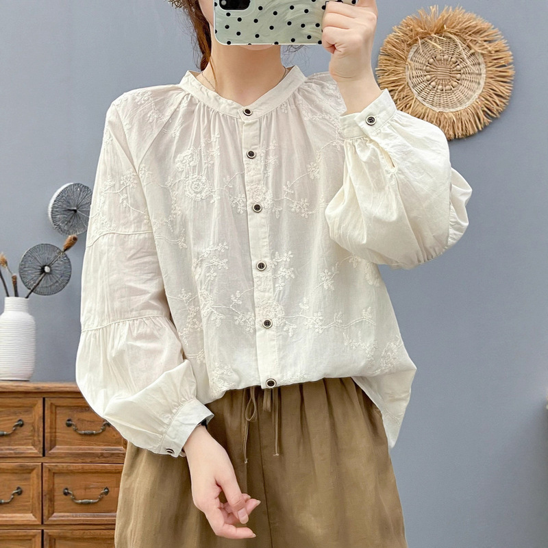 86312甜美立领重工绣花长袖衬衫 女2025秋装新款宽松显瘦小衫批发|undefined