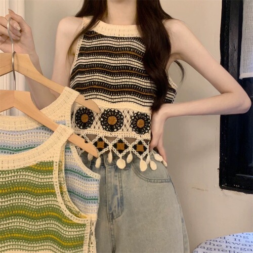 Knit Lacy Striped Fringe Strap Tank Top for Women Summer Sleeveless Outwear Innerwear Layering Kanjian Ethnic Style Top Dress