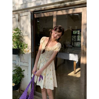 碎花打缆收腰连衣裙女夏季新款修身显瘦气质a字中长裙