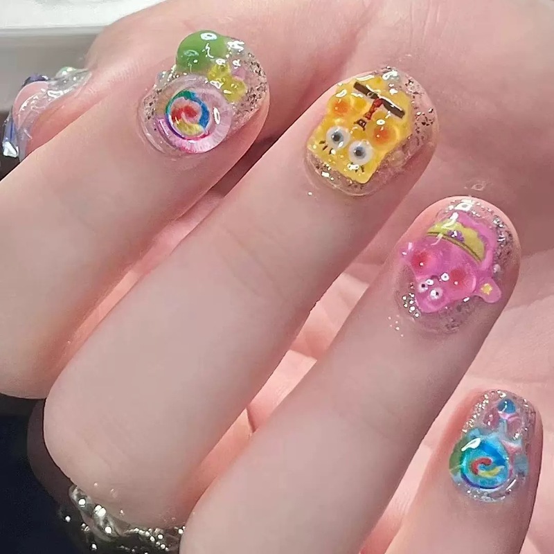Cute Anime Cartoon Spongebob Nail Pieces Japanese Short Round Nail Pieces Fake Nail Pieces Removable Cute Anime Cartoon Spongebob Nail Pieces Japanese Short Round Nail Pieces Fake Nail Pieces Removable