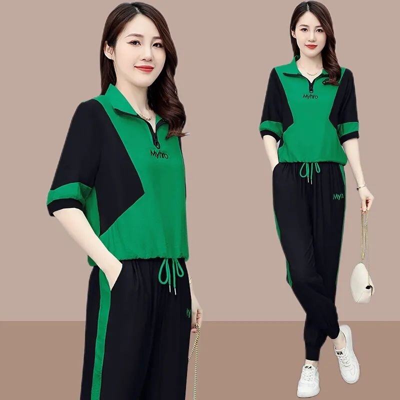 Fashionable Casual Fashion Suit for Women, New Summer Style, Stylish Stand-Up Collar, Age-Reducing Sportswear, Jogger Pants, Large Size Two-Piece Set