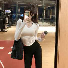 V领打底衫女秋冬内搭高级感不规则小众修身显瘦短款上衣长袖T恤潮