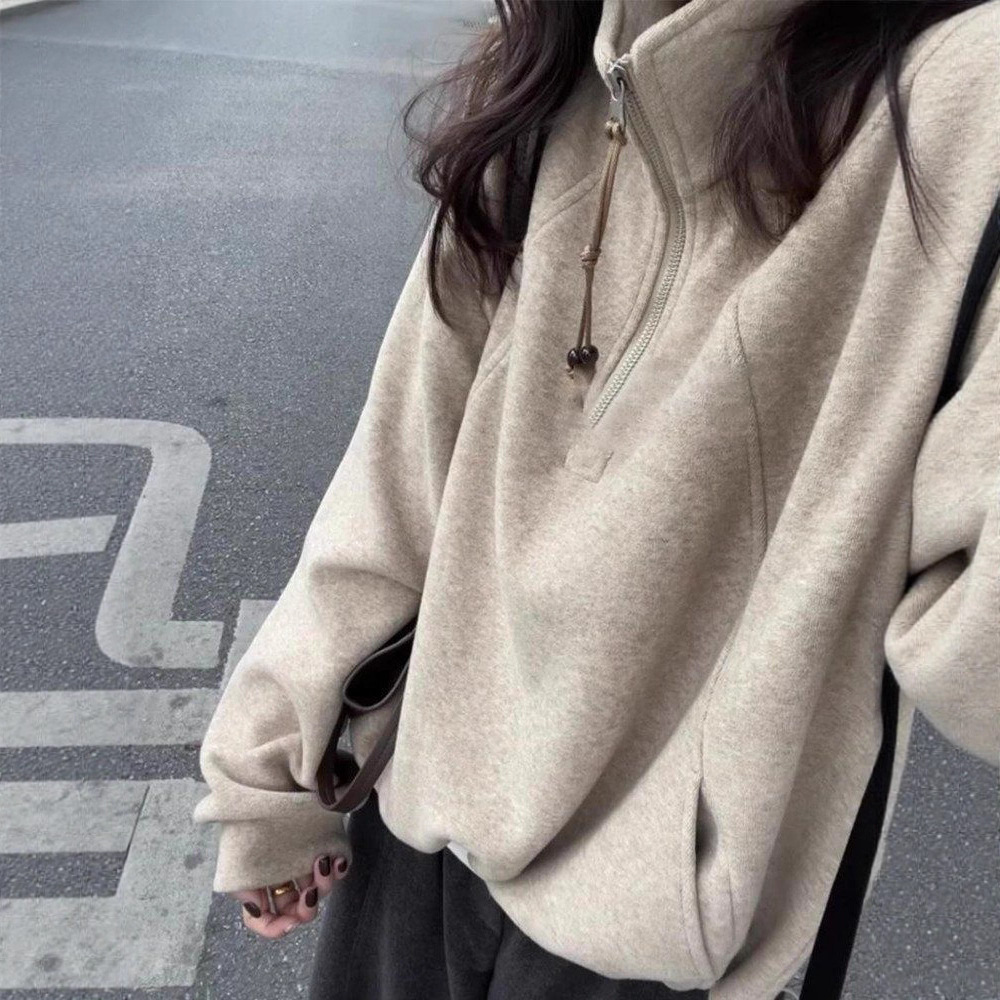 Korean Oatmeal Color Stand-Up Collar Half-Zip Sweatshirt for Women in Autumn and Winter New Loose Velvet Jacket Versatile High-End Top