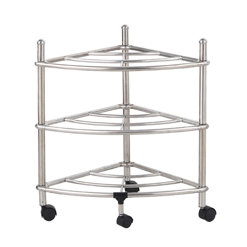 Acero inoxidable esquina almacenamiento rack piso multi-capa almacenamiento rack cocina olla rack baño lavabo rack con polea trípode
