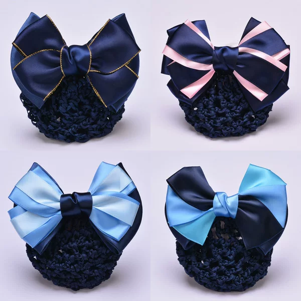 Blue Striped Bowknot with Rhinestones, Black Mesh Hair Accessory, Spring Clip for the Back of the Head, Professional Outfit Hair Ornament