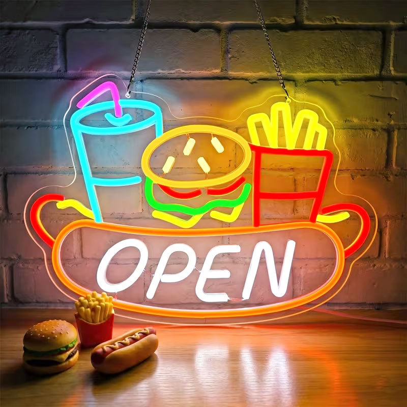Burger, Fries, and Beverage Open Neon Sign, Dimmable LED, Suitable for Restaurant and Fast Food Shop Windows