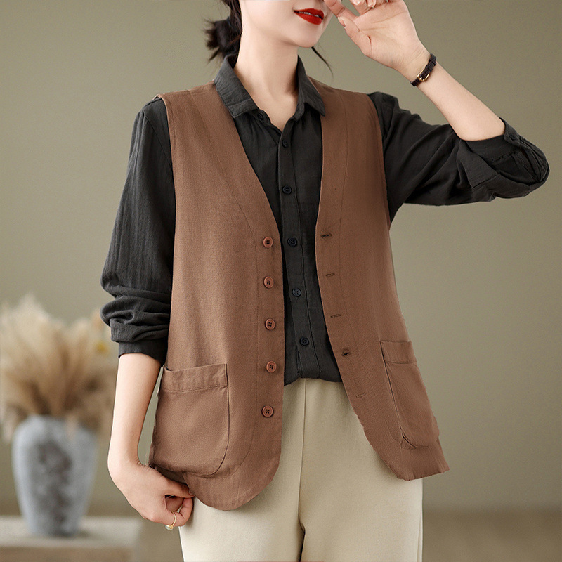 Real Shot Cotton and Linen Vest Women's Short 2025 Spring and Summer Korean Style Middle-aged Mom Retro Waistcoat Outer Wear Thin Vest