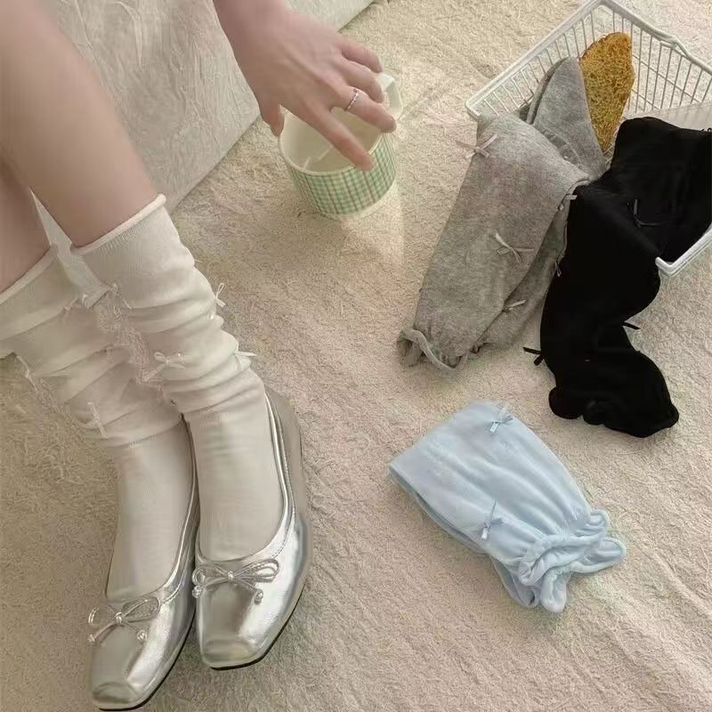 Gray Calf Socks for Women, Spring and Summer Ballet Style Bow Mid-Calf Miu Style with Mary Jane Stockings