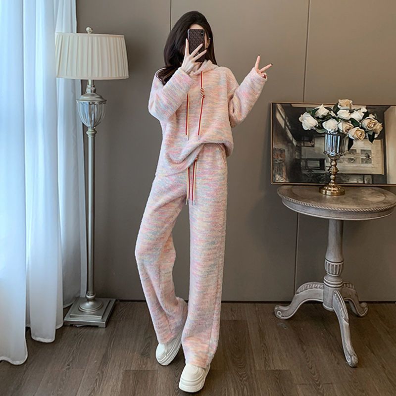 软糯慵懒风休闲运动套装女春秋宽松连帽卫衣高腰阔腿裤两件套女装|undefined