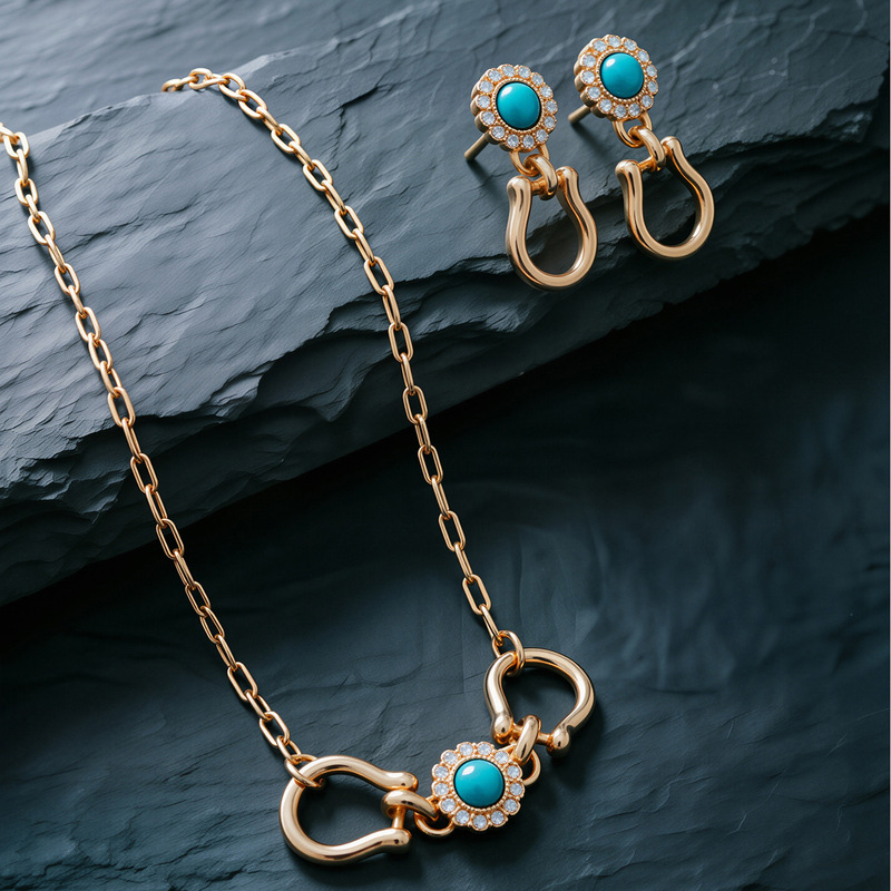 Zinc Alloy Necklace and Earring Set, European and American Light Luxury Niche Horseshoe Buckle Style Set for Women's Daily Wear Zinc Alloy Necklace and Earring Set, European and American Light Luxury Niche Horseshoe Buckle Style Set for Women's Daily Wear