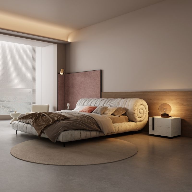 w! Italian roll-wrapped fabric bed technology cloth master bedroom double bed modern simple wabi-sabi style tatami floor cream