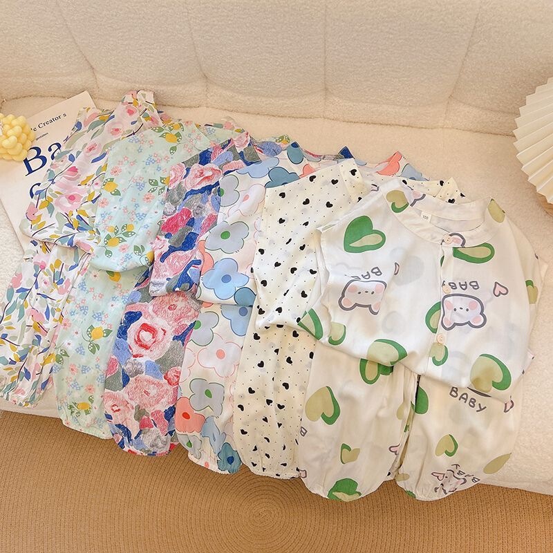 Children's Ice-Feel Cotton Pajamas for Boys and Girls, Summer Air-Conditioned Home Clothes, Baby Cartoon Long Pants Set, Outerwear Cotton Silk