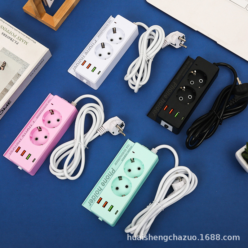 小夜灯3U+1PD创意手机支架欧式插座欧规插排欧孔插排黑白粉青可选