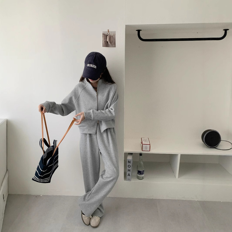 Korean-style Casual Sweatshirt suit Collar Double Zipper Short Sweatshirt Two-piece Set for Spring Tour and Mountain Climbing Sportswear