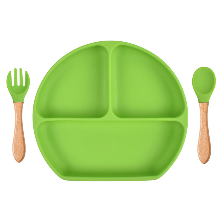 スポット分格子供食器ベビー吸盤シリコンボウル赤ちゃんスプーンストロー一体式シリコン皿|undefined