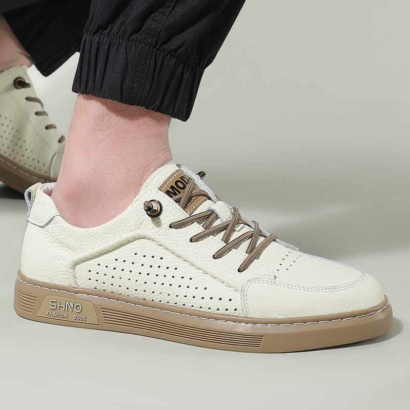 Dropshipping White Sneakers, One-Leg White Shoes, Men's Hollow Leather Shoes, Sports and Leisure Genuine Leather Breathable Soft Sole Summer Dropshipping White Sneakers, One-Leg White Shoes, Men's Hollow Leather Shoes, Sports and Leisure Genuine Leather Breathable Soft Sole Summer