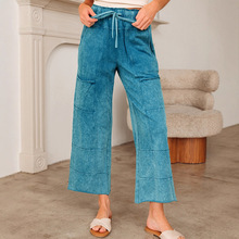 欧美时尚抽绳大口袋高腰休闲裤女2025年秋季新款纯色阔腿长裤女