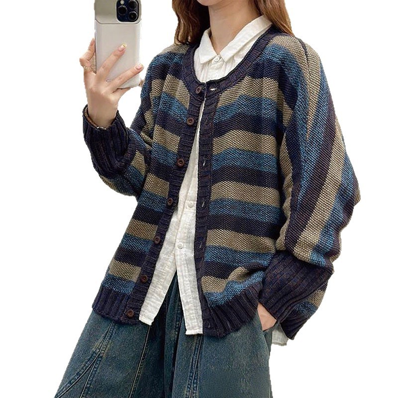 文艺时尚针织开衫女2025春秋季新款圆领长袖宽松加厚短款毛衣外套|undefined
