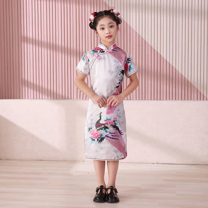 Новый стиль ребенка павлин чонсам летняя девушка в китайском стиле китайский стиль длинное китайское ретро платье