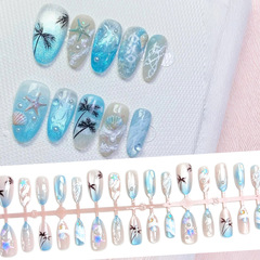 新跨境欧美夏日热销蓝色大海穿戴甲猫眼nails美甲贴片带钻成品ins