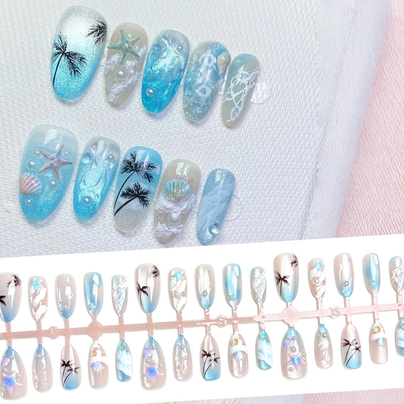 新跨境欧美夏日热销蓝色大海穿戴甲猫眼nails美甲贴片带钻成品ins|undefined