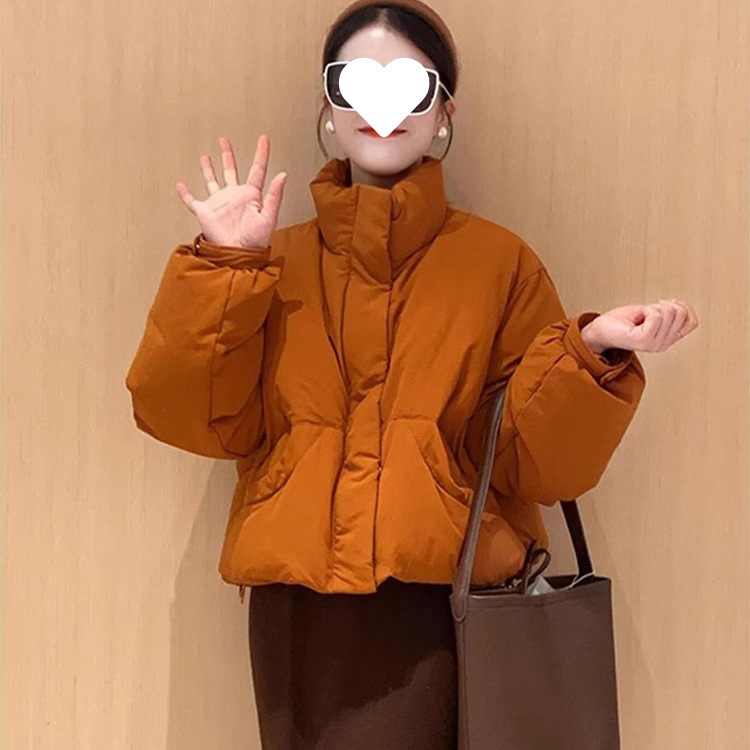韩系橘色短款加绒加厚羽绒棉服女2025冬季新款保暖面包服外套|undefined