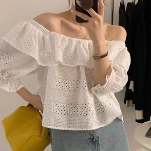 Summer French Style One-Line Collar Off-Shoulder Loose Heavy-Duty Cut Out Crochet Puff Sleeve Shirt for Women