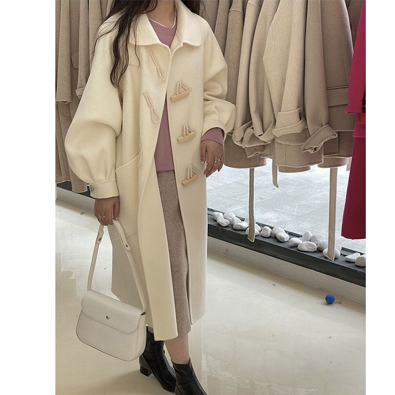 Long double-sided velvet woolen coat, jacket, doll, mid-length, for teenagers, puff sleeves, doll collar
