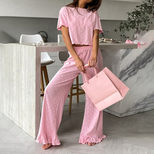 跨境批发2025欧美春季爱心印花短袖长裤女士家居服针织睡衣两件套