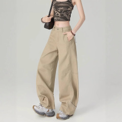 卡其色弯刀牛仔裤女2025夏季新款大码胖mm高腰显瘦拖地百搭阔腿裤
