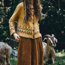 女装十三行冬季新款复古圆领黄色花纱毛线衣短款外穿提花针织开衫