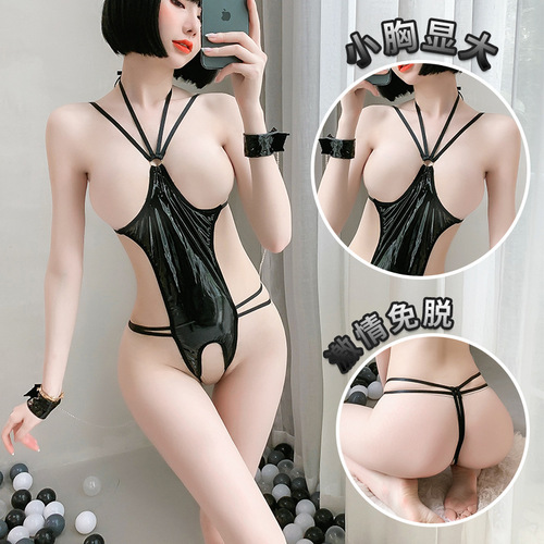 Internet celebrity style sexy lingerie, patent leather temptation, motorcycle suit with straps and leaking breasts, perverted leather clothing, mesh stockings, dropshipping