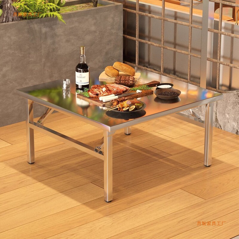 Stainless Steel Grill and Hot Pot Integrated Table with Induction Cooker, Korean-Style Grill, Restaurant Foldable Storage Square Table, Folding Table