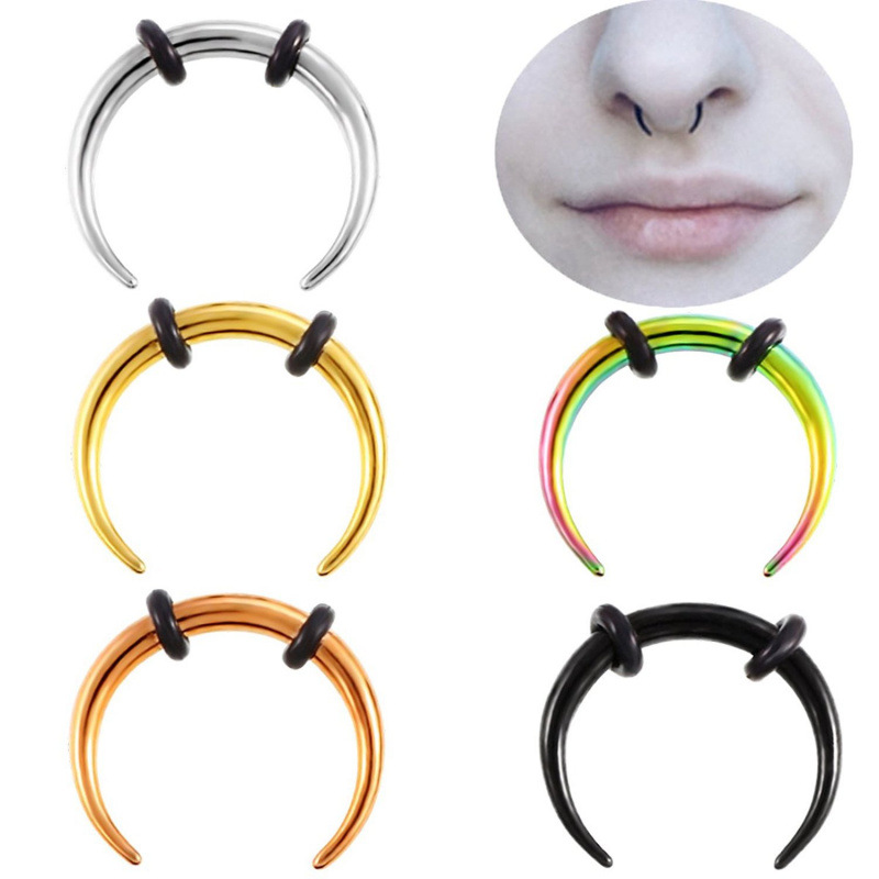 Piercing de nariz com argola de borracha fixa em aço inoxidável em formato de C, grande sucesso de vendas, no atacado._voghion.com