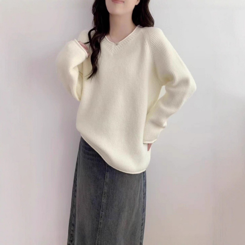 跨境新款纯色坑条V领套头毛衣女装秋冬百搭高级感遮肉显瘦针织衫|undefined