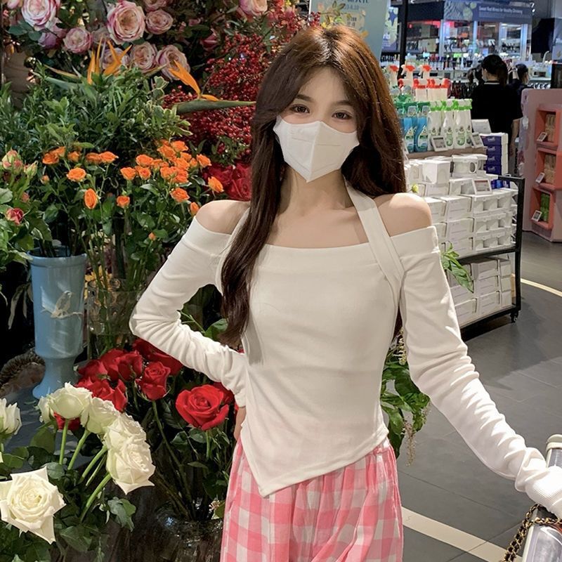 Hot Girls Women's 2025 Spring New Irregular Short Slim-fit Sweet and Hot Long-sleeved T-shirt