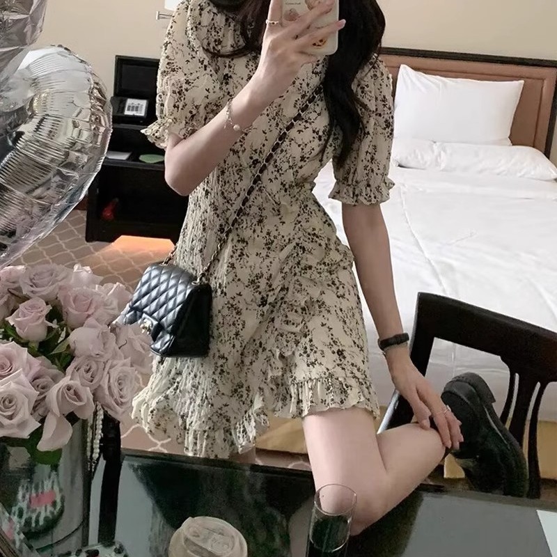 裙子女夏季温柔法式盐系穿搭轻熟在逃公主茶歇短裙收腰碎花连衣裙|undefined