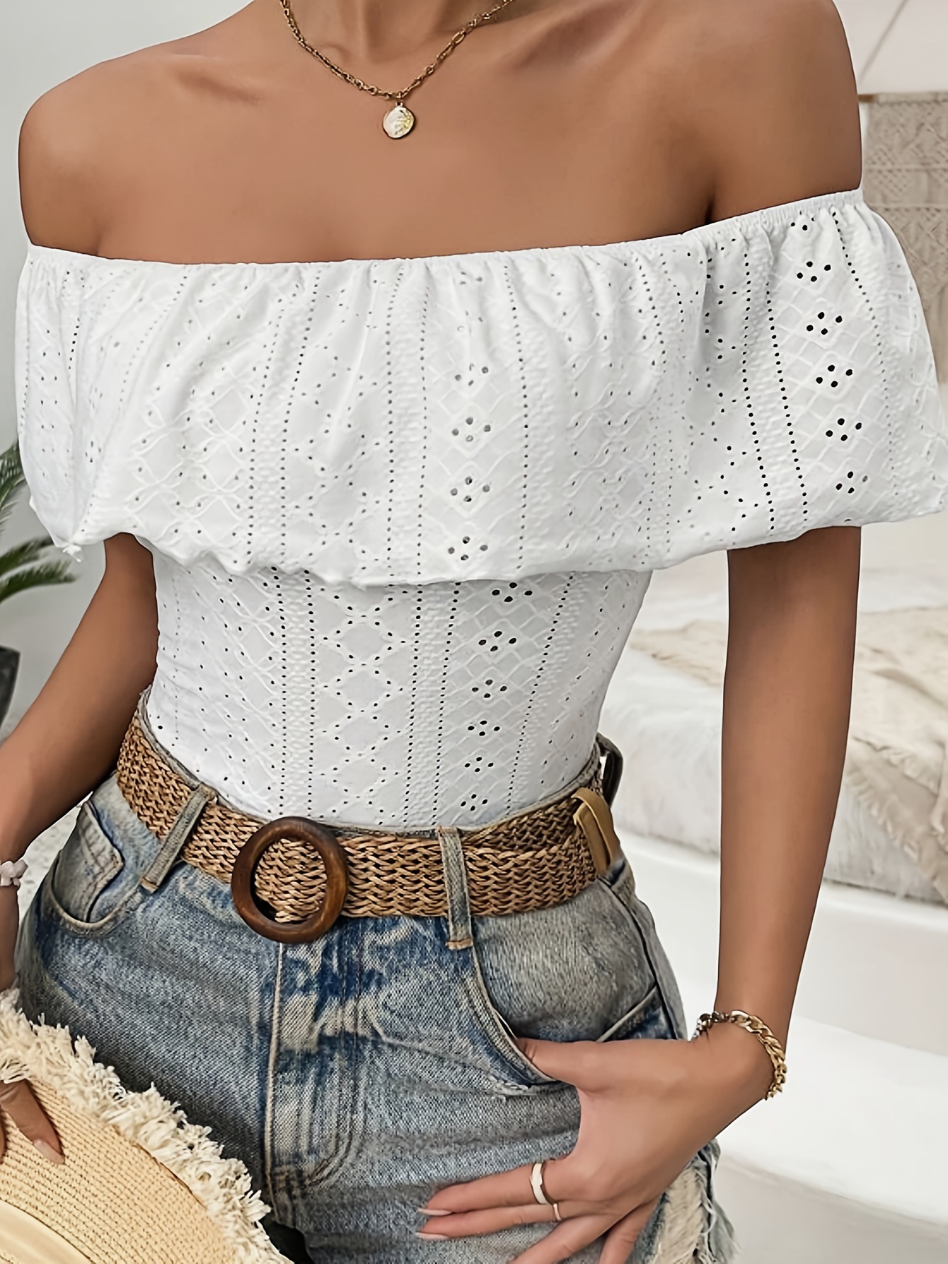 Sexy off the Shoulder Bodysuit for Women Hollowed out Jacquard Ruffle Details Bestseller Women's Jumpsuits And Rompers_ecoleips.com