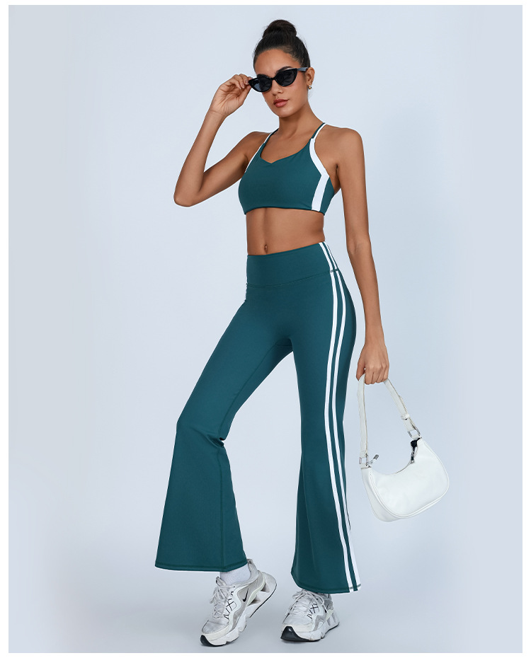 Comercio exterior transfronterizo europeo y americano nuevo traje de yoga belleza femenina chaleco cruzado de color de contraste cintura alta pantalones acampanados blancos de secado rápido