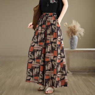 Versatile Flared Pants Skirt Autumn Retro Lazy Casual Silk Linen Printed Wide-Leg Pants Loose Yamamoto Pants Skirt