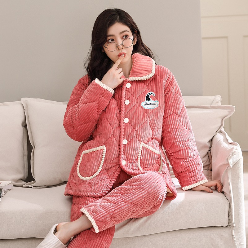 women‘s pajamas autumn winter coral fleece three-layer quilted jacket fleece-lined thickened flannel warm outerwear homewear