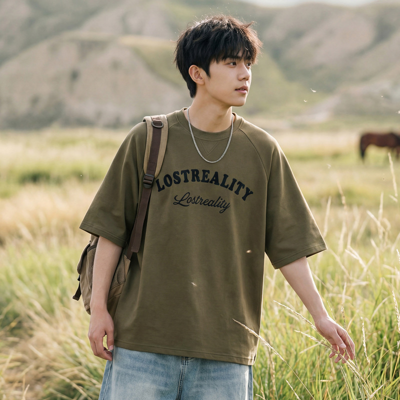 American-Style Trendy Brand Color-Block Letter Print Short-Sleeve T-Shirt for Men, Summer Vintage Casual Loose Fit Half-Sleeve Tee