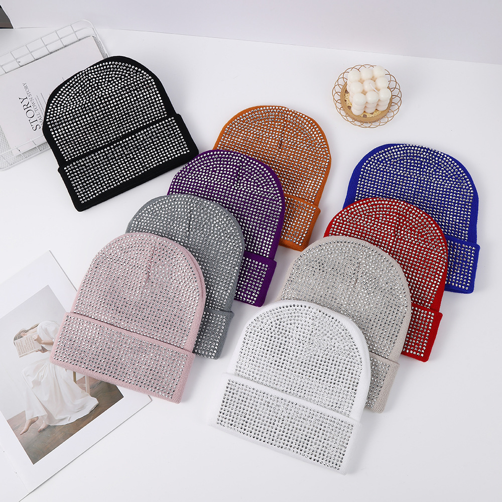 Cross-Border Diamond-Encrusted Solid Color Handmade Woolen Hat Cross-Border Warm Sticky Diamond Knitted Hat for Women Ins Style Manufacturer Direct Wholesale