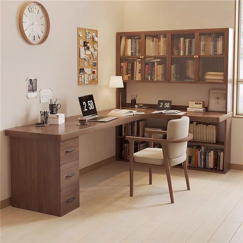 Simple Solid Wood Corner Desk with Drawer, Bookcase, and Bookshelf Integrated L-Shaped Corner Student Desk and Office Desk